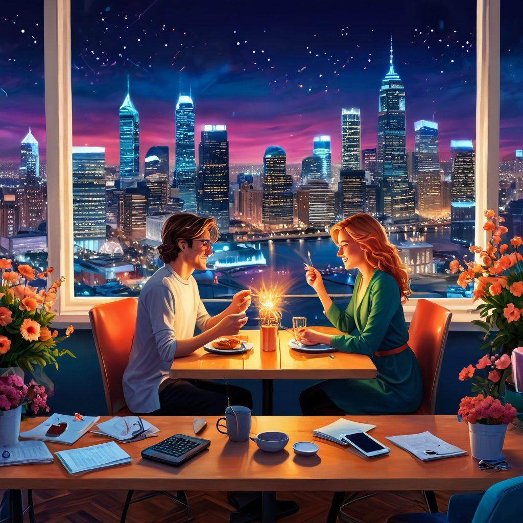 A whimsical scene depicting a couple trying to enjoy a romantic dinner amidst a chaotic blur of telemarketing calls and spam messages swirling around them. Incorporate visual metaphors like tangled phone wires and floating spam emails, while they share a candlelit table filled with flowers and laughter. The backdrop features a city skyline, symbolizing a blend of personal connections and commercial distractions. vibrant colors. contemporary illustration style.
