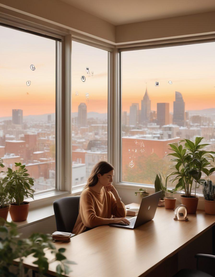 A serene scene depicting a warm, cozy office environment, where a person is engaged in a calm call management session, surrounded by symbols of privacy like padlocks and shields. Soft, inviting colors create an atmosphere of trust and comfort, while a window reveals a bright, hopeful cityscape beyond. Emphasize a laptop with privacy icons on the screen and personal touches like plants and photos. warm tones, minimalist design, super-realistic.
