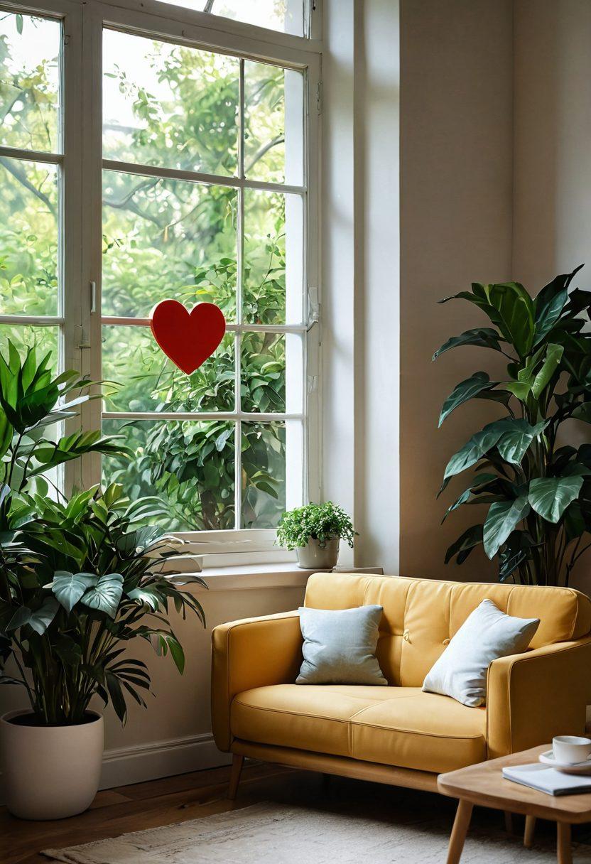 A serene personal space with a cozy couch, surrounded by green plants and a warm ambience. In the foreground, a smartphone displaying an incoming spam call notification, juxtaposed with a heart icon symbolizing love. A subtle contrast between the peaceful environment and the intrusion of spam. Soft light filtering through a window, creating a calm atmosphere. digital painting. vibrant colors. cozy style.